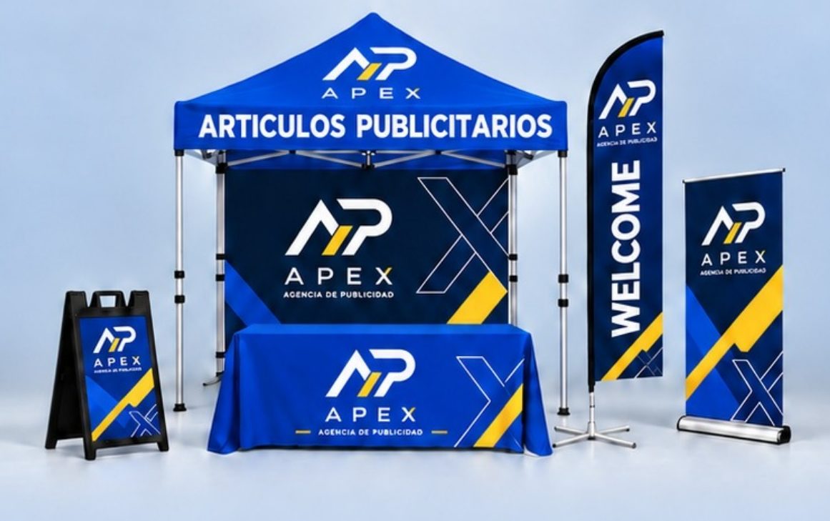 Toldo, mantel, pluma, roller up y caballete con la marca APEX